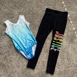 Blue glitter gymnastics leotard and justice glitter logo legging set size 10